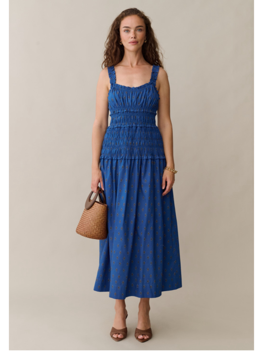 Women's OPT Midi Dress Size XL Blue Floral Cotton Smocked